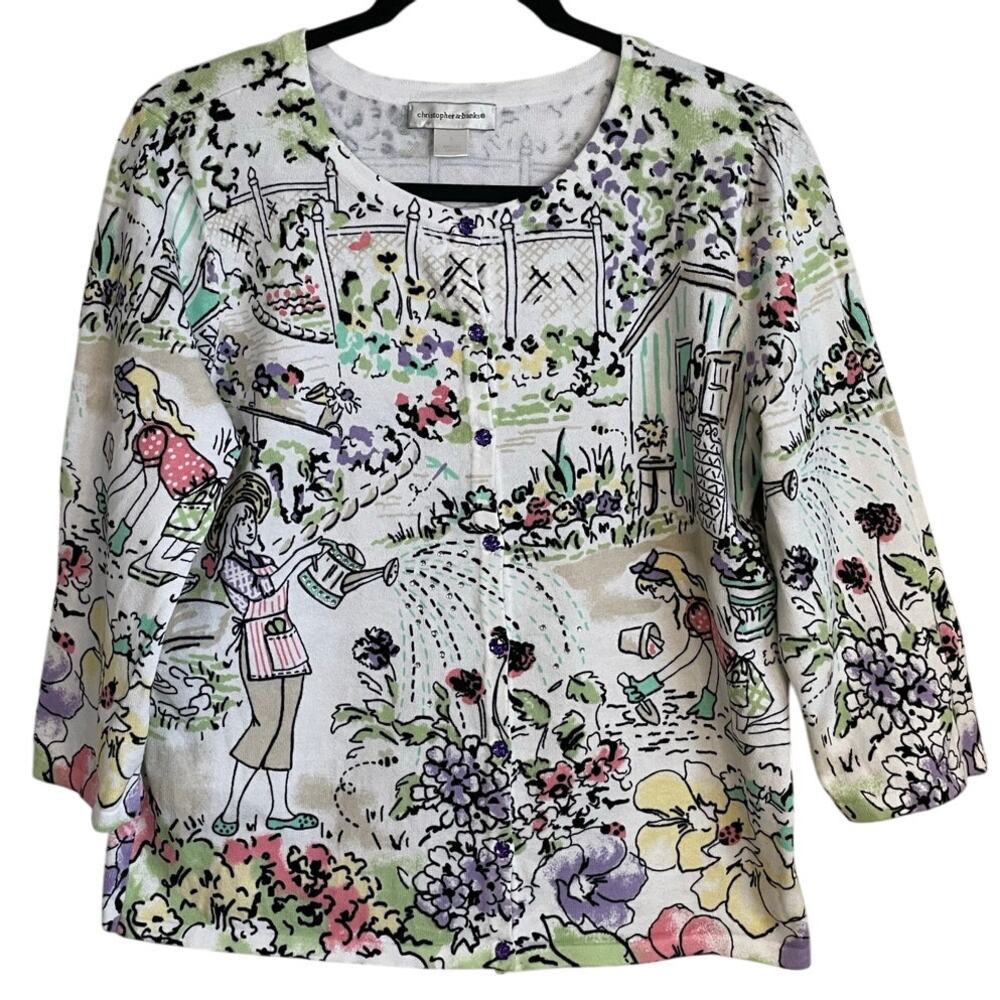 Christopher & Banks Novelty Cardigan Sz L Cotton Garden Embellished Cottagecore